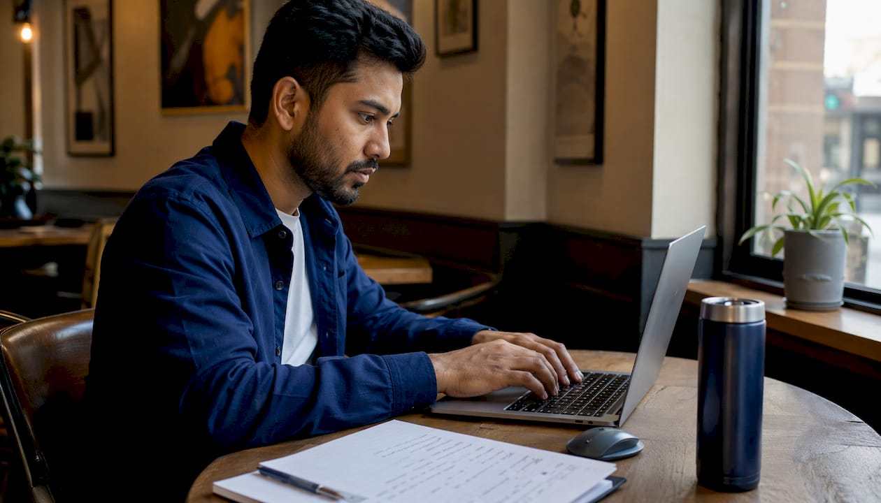 Hands typing on laptop with evaluation checklist nearby