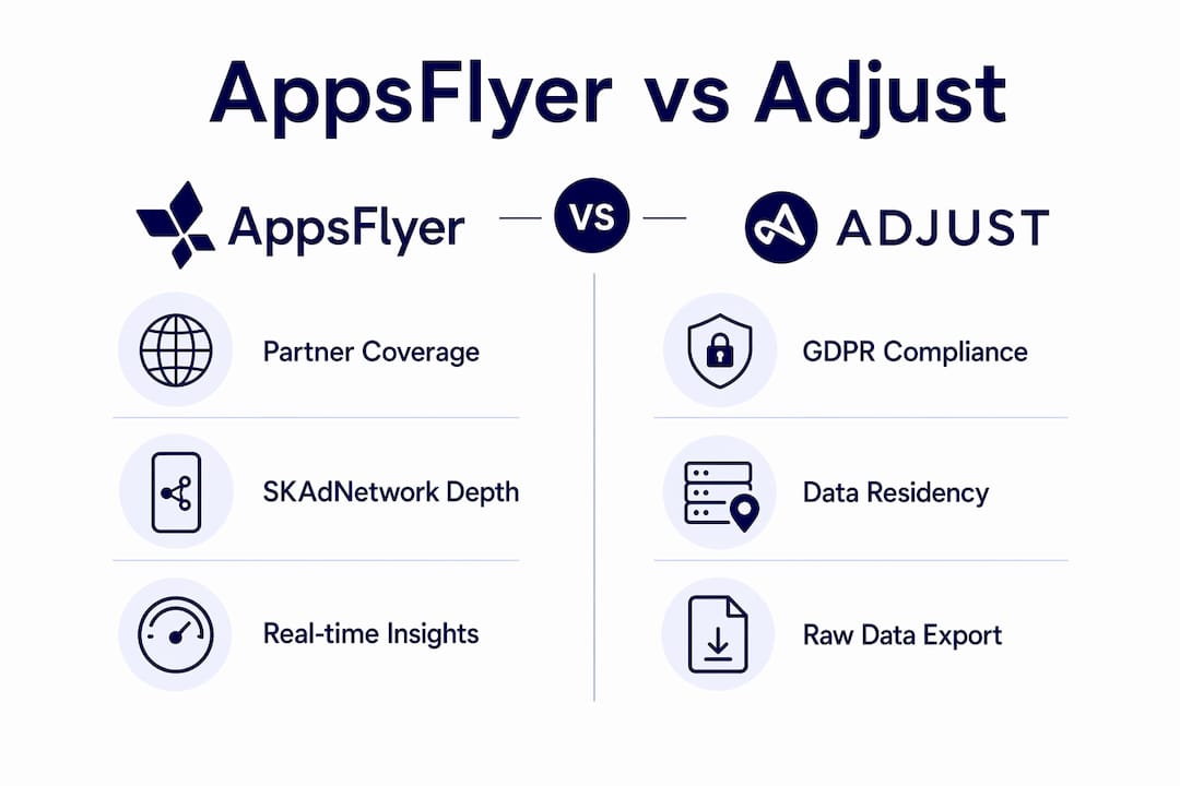 Infographic comparing AppsFlyer and Adjust key features